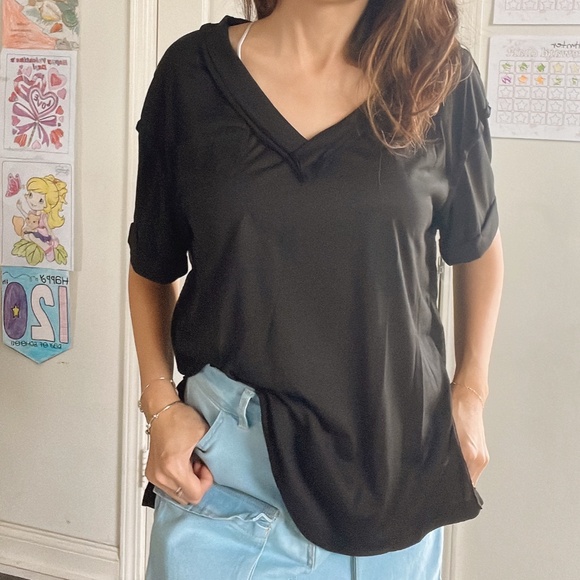 021 Black V neck Pocket Raw Detail Short Sleeve Oversized Tee - Picture 3 of 17